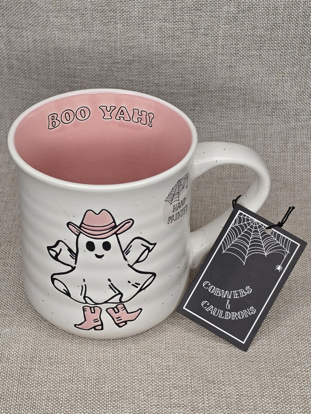 Cobwebs & Cauldrons Pink Ghost Cowboy Halloween Coffee Mug NWT